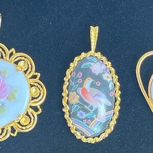 Set Of 3 Vintage Gold Tone Porcelain Pendants  Sold As Is